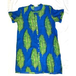 Fabienne Chapot Blue Green Palm Leaf Shirt Mini Dress Tropical Vacation, Large